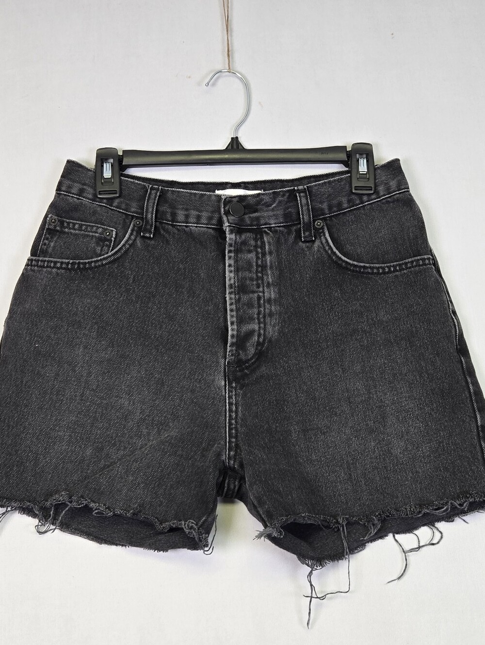 Anine Bing Faded Black Denim Cut Off Short Size 28 Button Fly High Rise Fray Hem